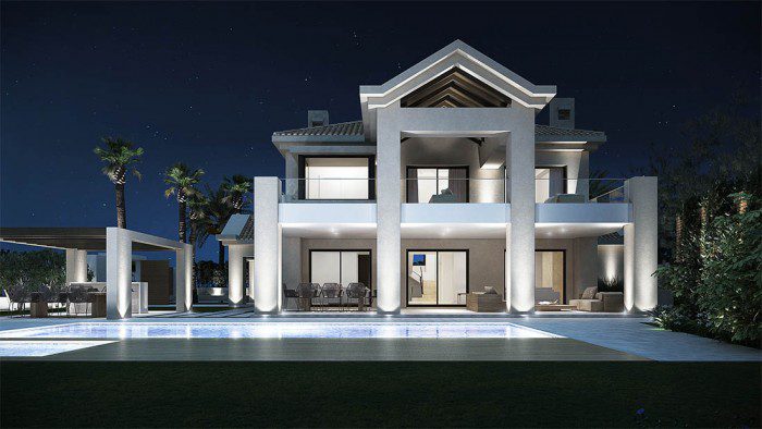 Infografía 3D villa nocturna Marbella